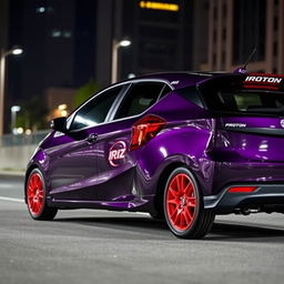 A Proton Iriz car with a sleek dark purple body and striking red rims