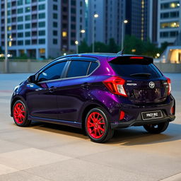 A Proton Iriz car with a sleek dark purple body and striking red rims