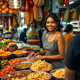 A woman selling food at a bustling marketplace, surrounded by vibrant displays of fruits, vegetables, and exotic spices