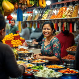 A woman selling food at a bustling marketplace, surrounded by vibrant displays of fruits, vegetables, and exotic spices