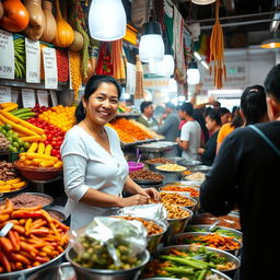 A woman selling food at a bustling marketplace, surrounded by vibrant displays of fruits, vegetables, and exotic spices