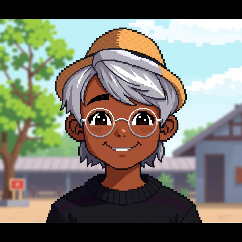 Pixel art of a young brown-skinned boy with shoulder-length gray hair, wearing a straw hat and a smile