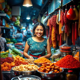 A woman selling food at a bustling marketplace, surrounded by vibrant displays of fruits, vegetables, and exotic spices