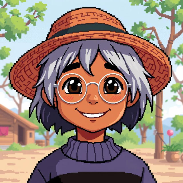 Pixel art of a young brown-skinned boy with shoulder-length gray hair, wearing a straw hat and a smile