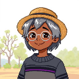 Pixel art of a young brown-skinned boy with shoulder-length gray hair, wearing a straw hat and a smile