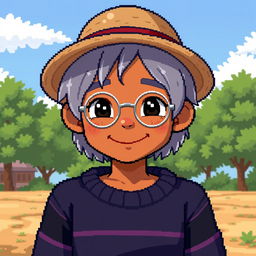 Pixel art of a young brown-skinned boy with shoulder-length gray hair, wearing a straw hat and a smile