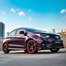 A sleek Proton Iriz car with a dark purple body and eye-catching red and black rims, parked in a modern urban setting