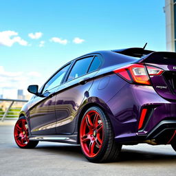 A sleek Proton Iriz car with a dark purple body and eye-catching red and black rims, parked in a modern urban setting