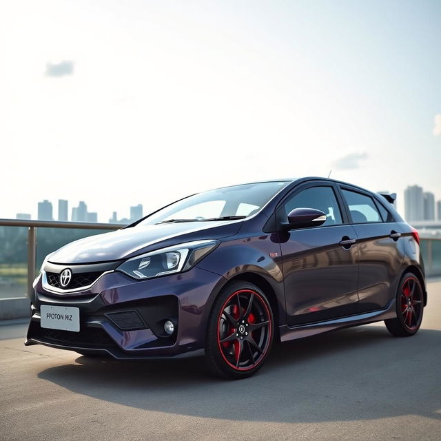 A sleek Proton Iriz car with a dark purple body and eye-catching red and black rims, parked in a modern urban setting