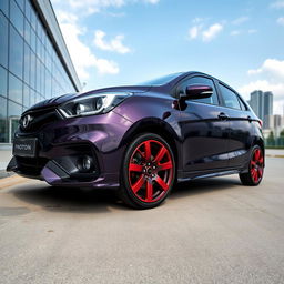 A sleek Proton Iriz car with a dark purple body and eye-catching red and black rims, parked in a modern urban setting