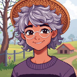 Pixel art of a light brown-skinned teenager with curly gray hair down to his shoulders, wearing a straw hat and a smile