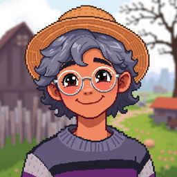 Pixel art of a light brown-skinned teenager with curly gray hair down to his shoulders, wearing a straw hat and a smile