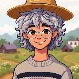 Pixel art of a light brown-skinned teenager with curly gray hair down to his shoulders, wearing a straw hat and a smile