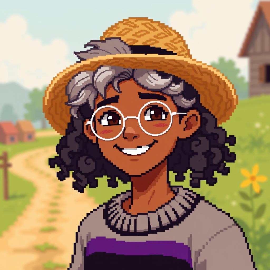 Pixel art of a light brown-skinned teenager with curly gray hair down to his shoulders, wearing a straw hat and a smile