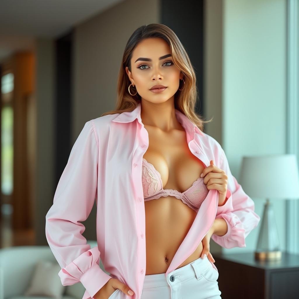 A confident woman wearing a pink shirt, which is unbuttoned to reveal her stylish lingerie underneath