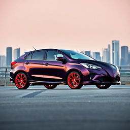 A Proton Iriz car with a sleek body in dark purple