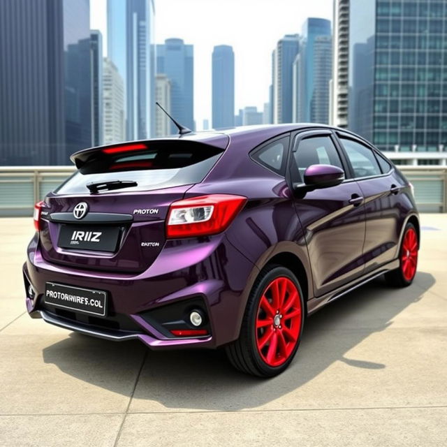 A Proton Iriz car with a sleek body in dark purple