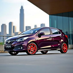 A Proton Iriz car with a sleek body in dark purple