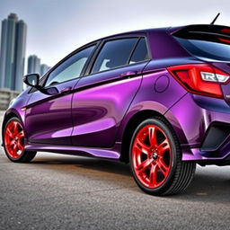 A Proton Iriz car with a sleek body in dark purple