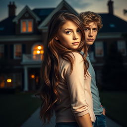 A college girl with long, wavy brown hair and dark blue eyes stands confidently, looking directly into the camera