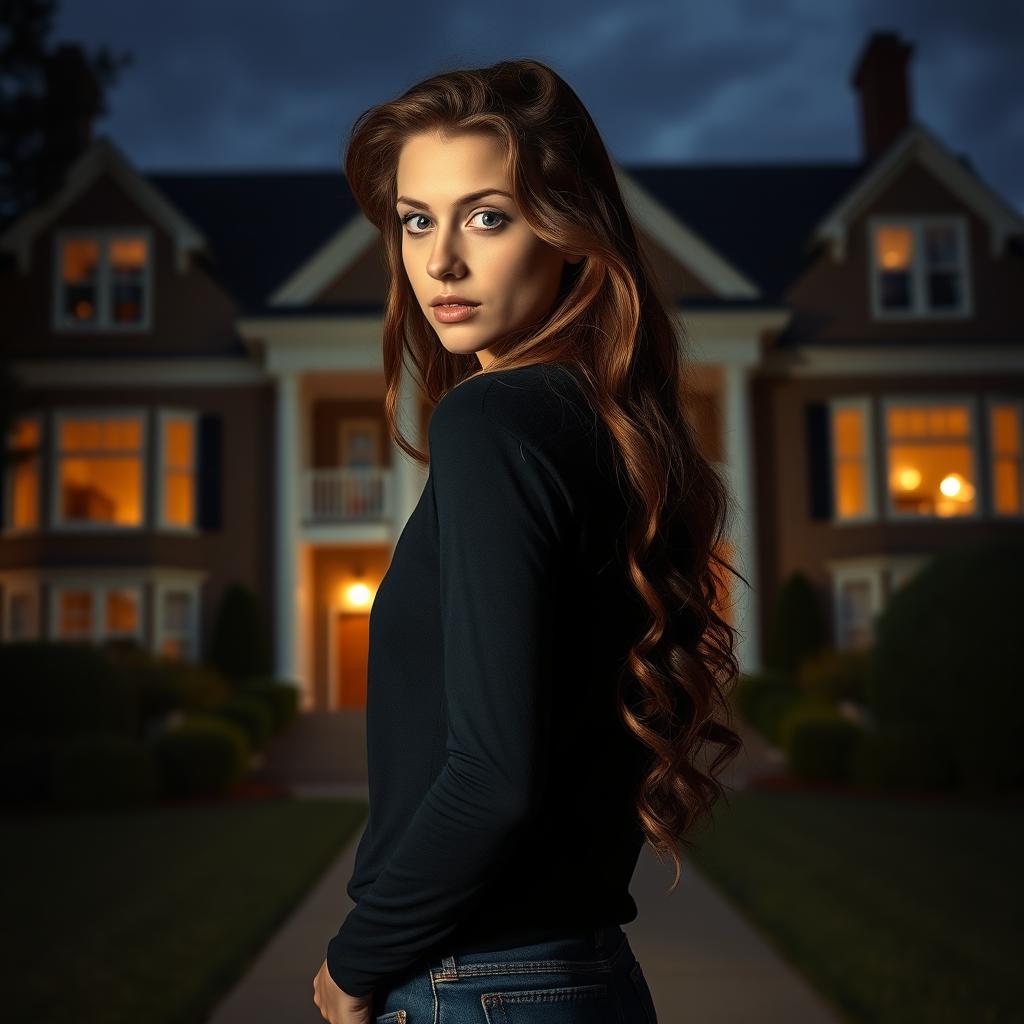 A college girl with long, wavy brown hair and dark blue eyes stands confidently, looking directly into the camera