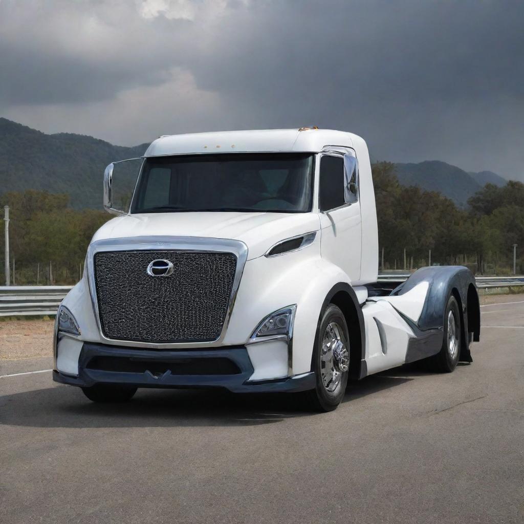 Imagine an unusual fusion of a Hino truck's robust design and the high-performance, sleek aesthetics of a Devel Sixteen, creating an avant-garde super truck concept