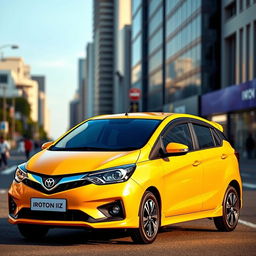 A Proton Iriz car prominently displayed in a cityscape setting, showcasing its modern design and vibrant color