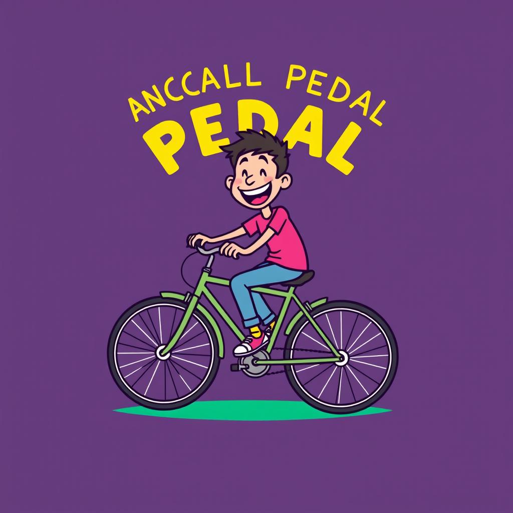 A vibrant and playful cartoon design featuring a person joyfully pedaling a bicycle