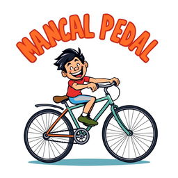 A vibrant and playful cartoon design featuring a person joyfully pedaling a bicycle