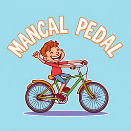 A vibrant and playful cartoon design featuring a person joyfully pedaling a bicycle