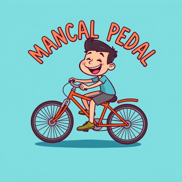 A vibrant and playful cartoon design featuring a person joyfully pedaling a bicycle