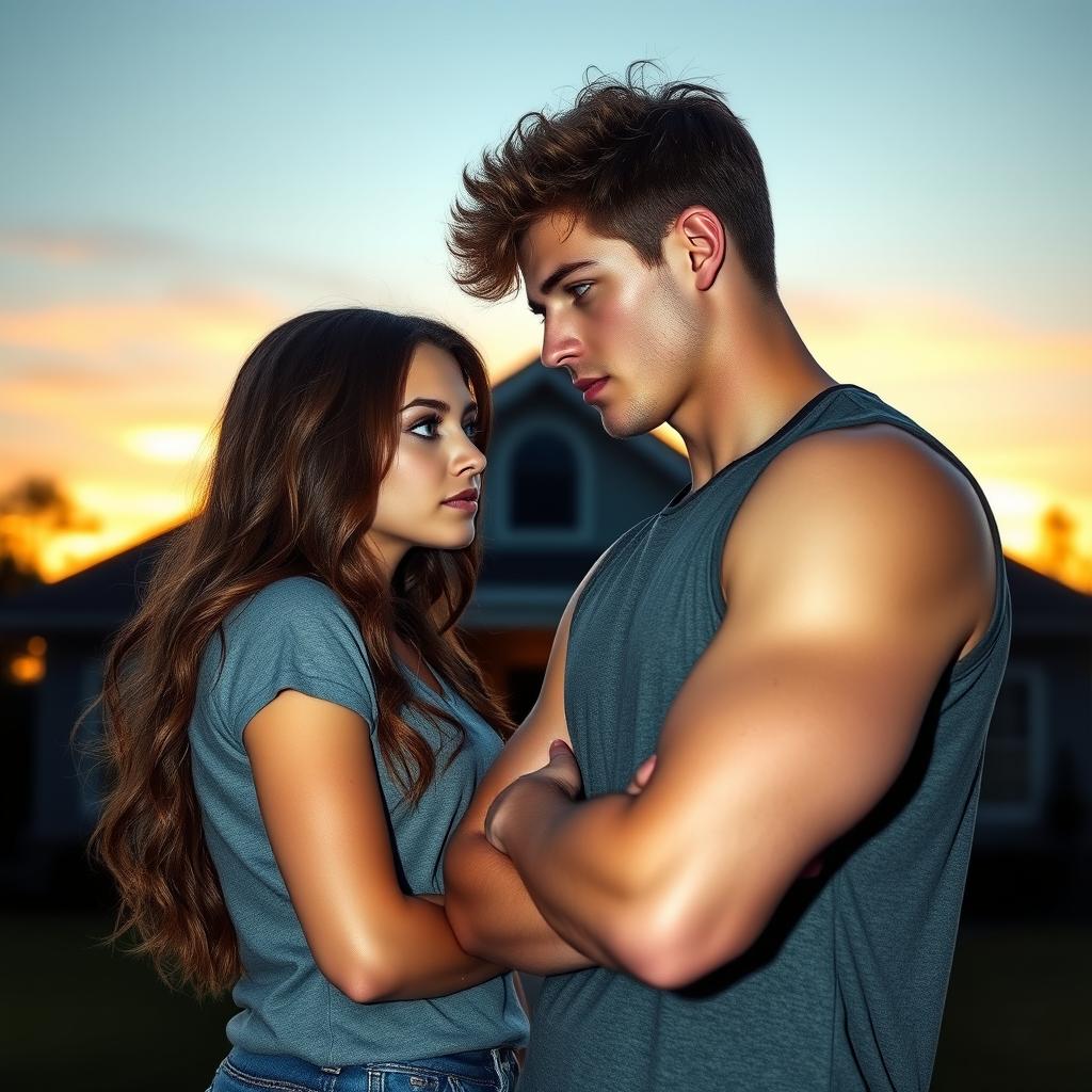 A college girl with long, wavy brown hair, and vibrant blue eyes locked in an intense gaze with a college jock