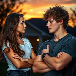 A college girl with long, wavy brown hair, and vibrant blue eyes locked in an intense gaze with a college jock