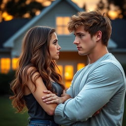 A college girl with long, wavy brown hair, and vibrant blue eyes locked in an intense gaze with a college jock