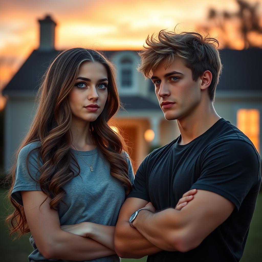 A college girl with long, wavy brown hair, and vibrant blue eyes locked in an intense gaze with a college jock