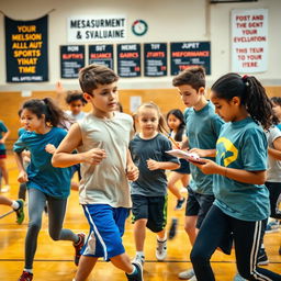 A dynamic scene showcasing a diverse group of students actively engaged in a physical education class, focusing on various aspects of measurement and evaluation in sports