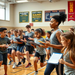 A dynamic scene showcasing a diverse group of students actively engaged in a physical education class, focusing on various aspects of measurement and evaluation in sports