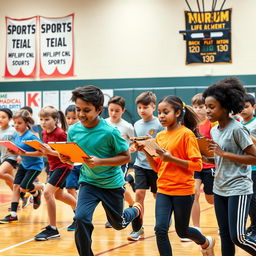 A dynamic scene showcasing a diverse group of students actively engaged in a physical education class, focusing on various aspects of measurement and evaluation in sports