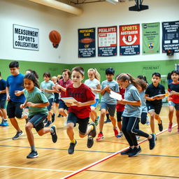 A dynamic scene showcasing a diverse group of students actively engaged in a physical education class, focusing on various aspects of measurement and evaluation in sports