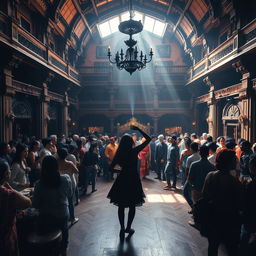 inside a grand Nepali old dance club with a majestic, aged architecture, bustling with people enjoying drinks and dancing