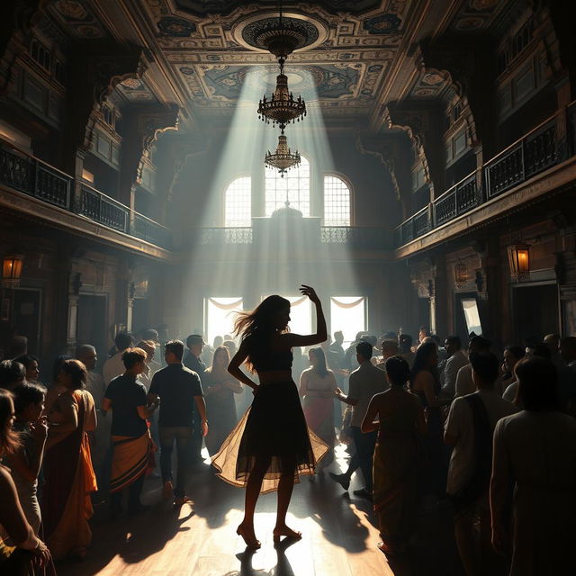 inside a grand Nepali old dance club with a majestic, aged architecture, bustling with people enjoying drinks and dancing