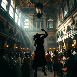 inside a grand Nepali old dance club with a majestic, aged architecture, bustling with people enjoying drinks and dancing