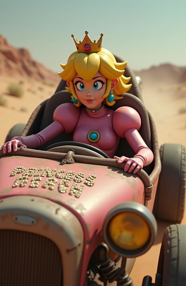 Princess Peach racing in a dune buggy, detailed and awe-inspiring with realistic skin texture