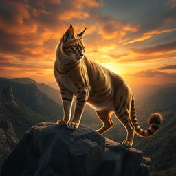 A majestic and fierce warrior cat with a muscular build, sharp claws, and piercing eyes