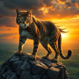 A majestic and fierce warrior cat with a muscular build, sharp claws, and piercing eyes