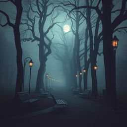 A spooky park background with tall, eerie trees that have twisted branches, and several empty public benches arranged along a winding path