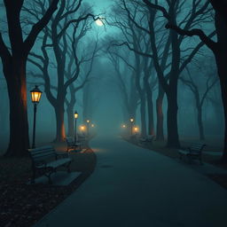 A spooky park background with tall, eerie trees that have twisted branches, and several empty public benches arranged along a winding path