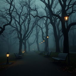 A spooky park background with tall, eerie trees that have twisted branches, and several empty public benches arranged along a winding path