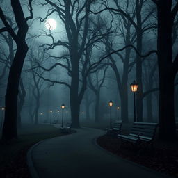 A spooky park background with tall, eerie trees that have twisted branches, and several empty public benches arranged along a winding path