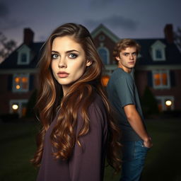 A college girl with long, wavy brown hair and dark blue eyes stands confidently, looking directly into the camera